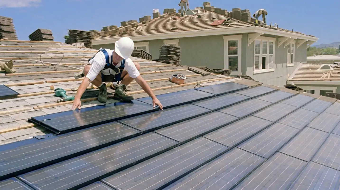 Roof replacement expert installing modern solar shingles on a residential home in Las Vegas, NV