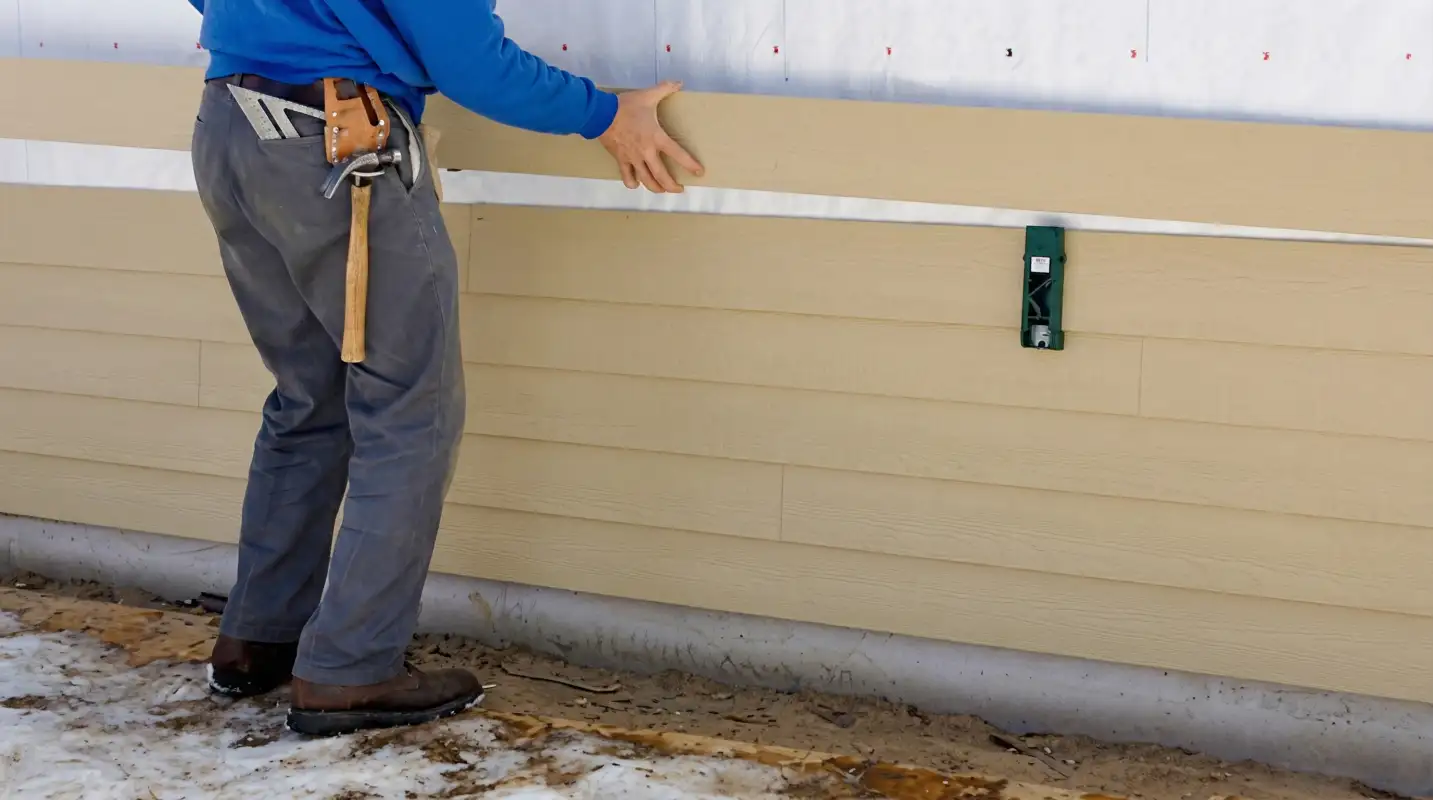 Siding replacement expert carefully aligning a new tan siding panel onto a residential exterior wall in Las Vegas, NV