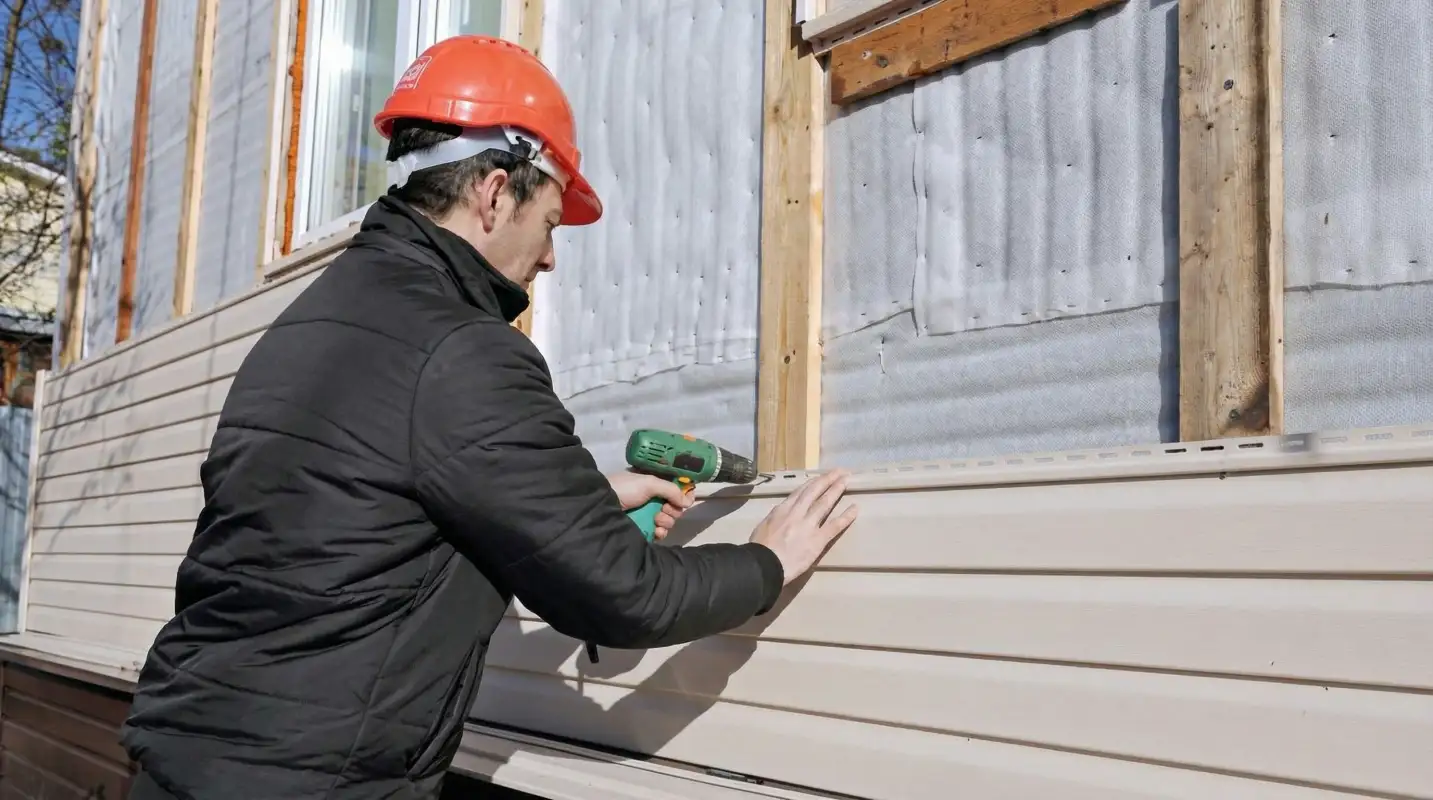 Siding replacement professional using a power drill to install new tan vinyl siding on a home exterior in Las Vegas, NV