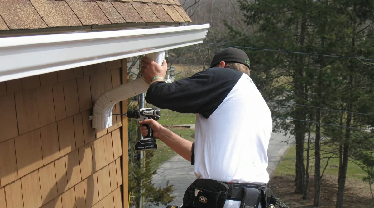 Professional contractor installing tan vinyl siding panels on a residential home exterior in Las Vegas, NV